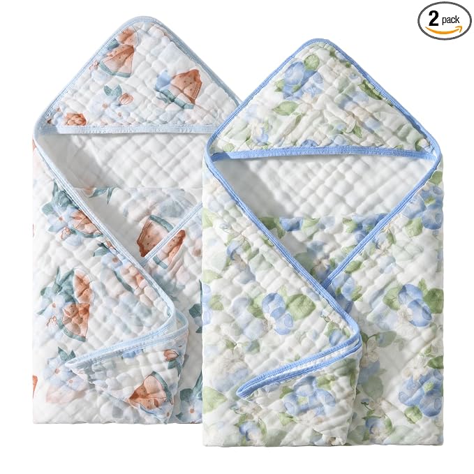 Baby Hooded Towel 2 Pack, Ultra Absorbent & Soft Muslin Baby Towel - 32 x 32 Inches, Baby Bath Towel for Newborns, Infants & Toddlers, Ideal for Bath Time, Pool & Beach