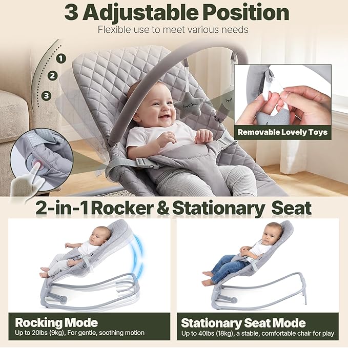 Orzbow Electric Baby Rocker & Toddler Chair, 3-Speed Auto-Rock, Up to 40lbs | Timer 30/60Min, 8 Soothing Melodies, 3 Recline Positions, 5 Volume Levels, Battery or Plug-In Powered, Machine-Washable Cover