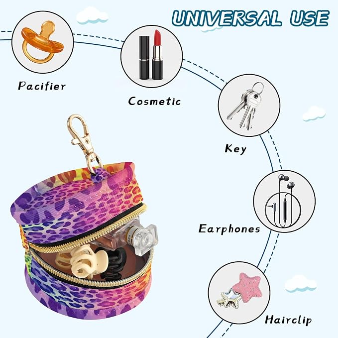Pacifier Holder with Clip Pacifier Case for Diaper Bag Round Baby Pacifier Pouch Box Bag Portable Purple Leopard Print