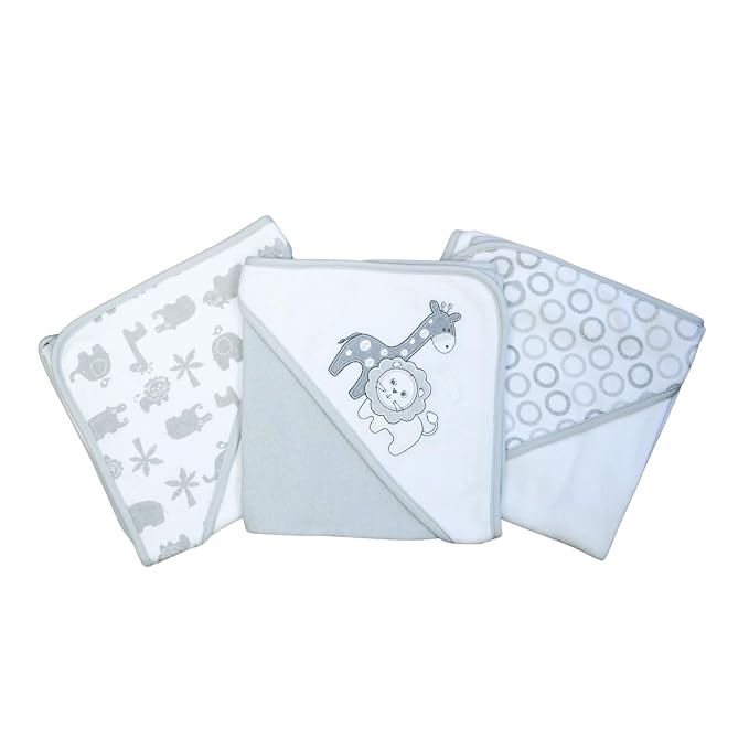 Spasilk Baby 3 Pack Soft Terry Hooded Towel Set for Newborn Boys and Girls Gray Lion One Size
