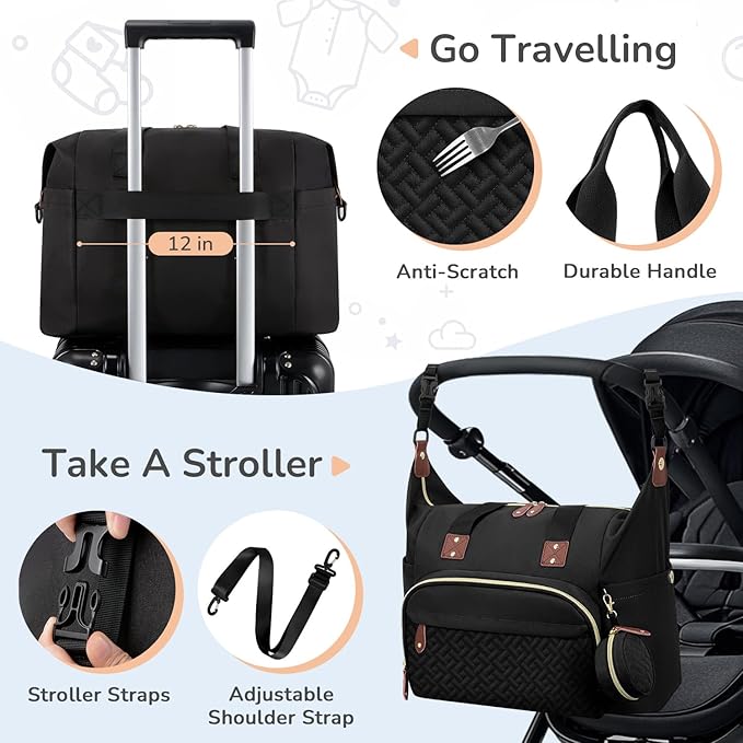 Tenot Diaper Bag Tote with Pacifier Case, Baby Bag for Women with Shoulder Straps, Travel Diaper Tote for for Mom and Dad Black