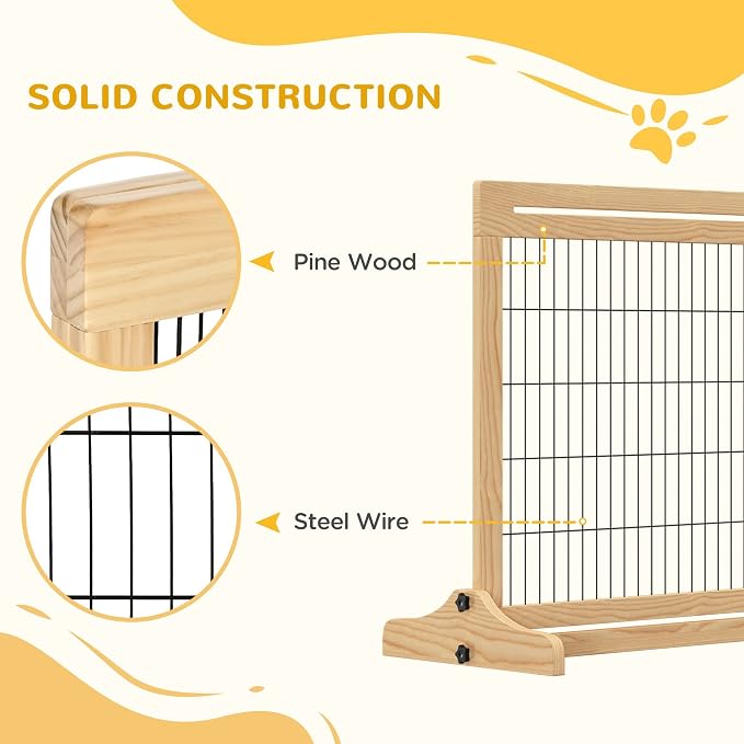 PawHut 72" W x 27" H Extra Wide Freestanding Pet Gate with Adjustable Length Dog, Cat, Barrier for House, Doorway, Hallway, Natural