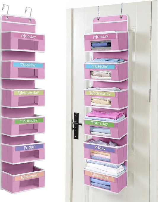 Houseables Weekly Clothes Organizer for Kids, Days of The Week Clothes Organizer, Kids Closet, Daily Outfit Storage, Monday Through Friday Clothing, Weekday, M-F, School, Hanging, Over Door, 6 Shelf