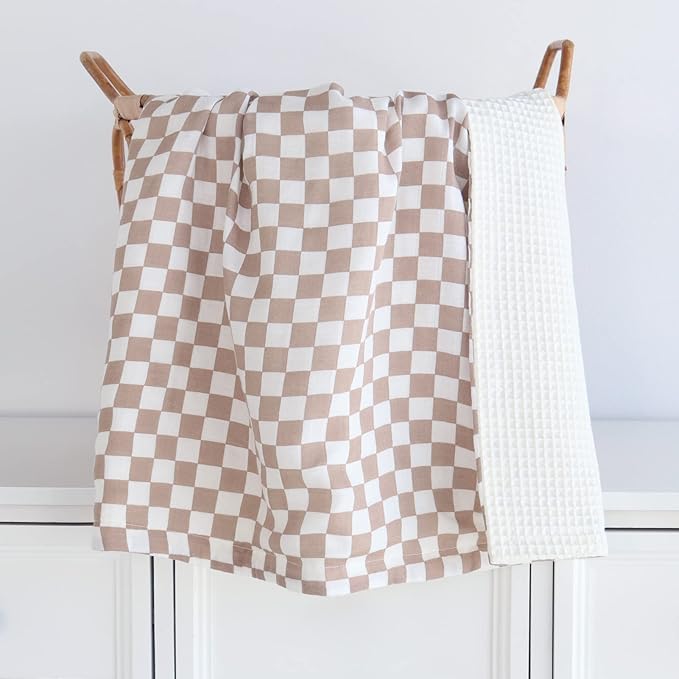 LifeTree Waffle Baby Blankets, Muslin Checkered Swaddle Blankets for Boys Girls, 2 Layers Crib Stroller Blanket Receiving Blanket with Muslin Front and Waffle Backing Infant Newborn