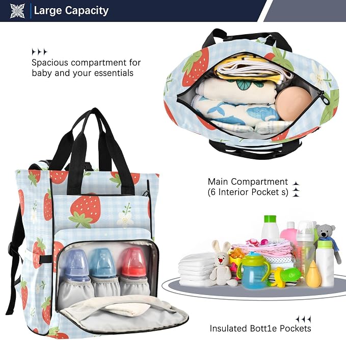 Personalized Strawberry Flower Blue Gingham Diaper Bag Insul Pockets Mom Dad