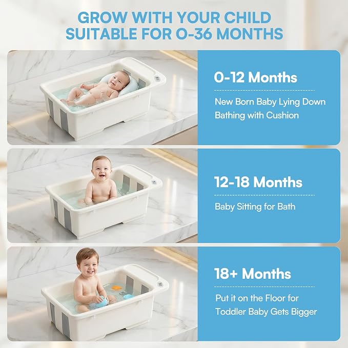 Baby Bathtub with Stand,Collapsible Infant Bath Tub | Large Capacity Newborn Toddler Shower with Thermometer & Soft Cushion for Baby 0 to 36 Months