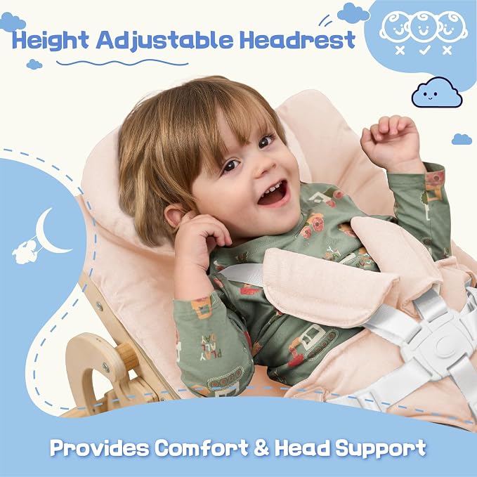 Baby Bouncer,Adjustable Baby Rocker, 3-in-1 Wooden Rocker Chair with 5-Point Harness, Recliner Seat for Infant to Toddlers,Beige
