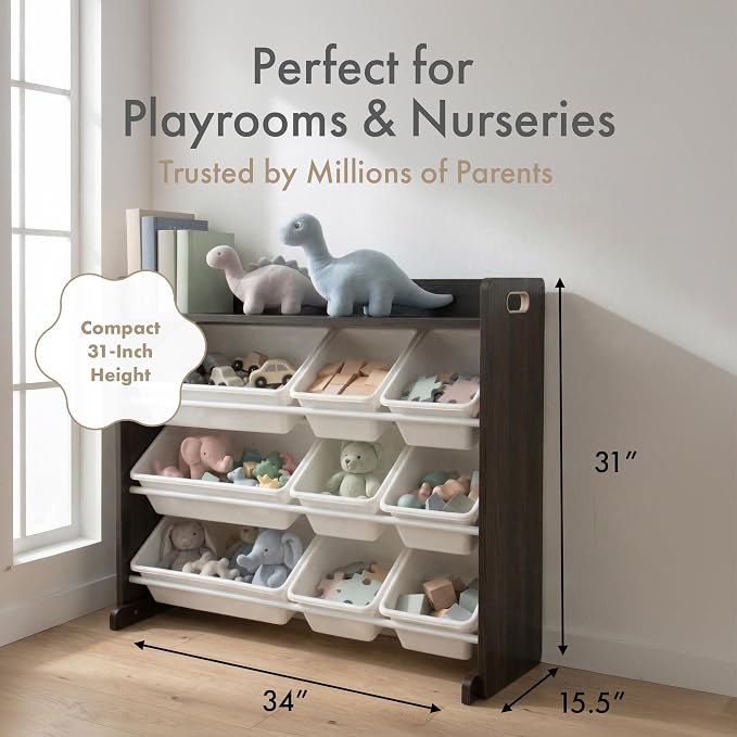 Humble Crew Toy Storage Organizer with 9 Removable Storage Bins for Kids Playroom, 3-Tier with Top Shelf Toddler Toy Organization and Storage, Espresso/White