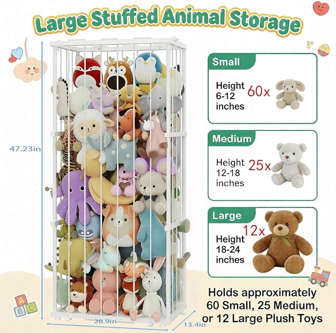 Large Metal Stuffed Animal Storage Zoo, Metal Stuffed Animal Holder Organizer with Elastic Cord, Space-Saving Toy Storage for Nursery, Playroom & Bedroom, White