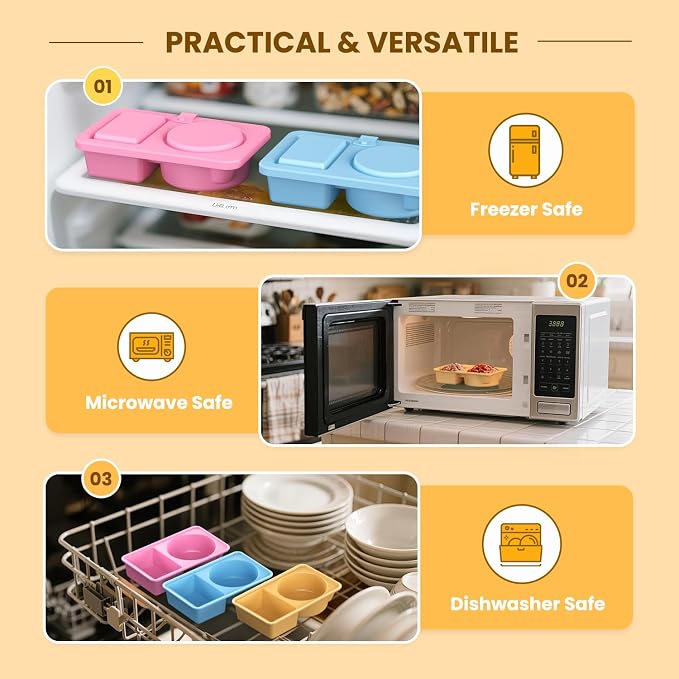 Reusable Snack Containers with Lids Silicone, 3 Pack Double/2 Compartment Small Snackle Box Container for Salad Sauce, Condiment Containers with Lids for Portion Control, Travel, Picnic