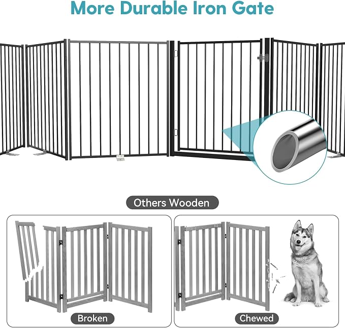 No Pawblems Free Standing Dog Gate with Door, 30'' Tall Foldable Dog Fence for Indoor & Outdoor, Up to 156 Inch Extra Wide Pet Gate for Yard, Deck, Doorways, Stairs, Hallways (Black, 6 Panels)