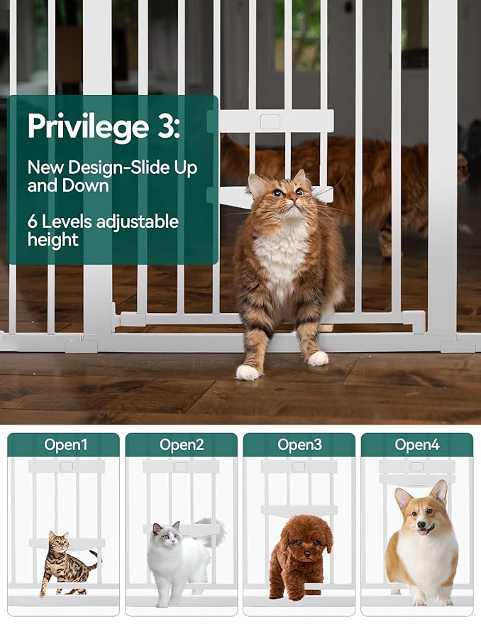 BABELIO New Version Baby Gate with Cat Door Adjustable,29-40" Metal Pet Door for Stairs & Doorways,Pressure Mounted,No Tools Needed,White