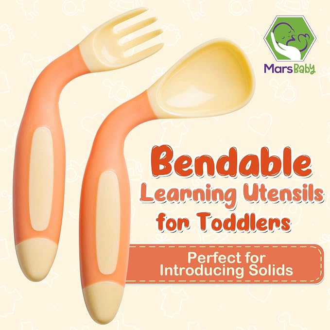 Mars Baby Silicone Baby Spoons Set for Self-Feeding - Bendable Learning Utensils for Toddlers - Perfect for Introducing Solids - With Travel Case - Orange