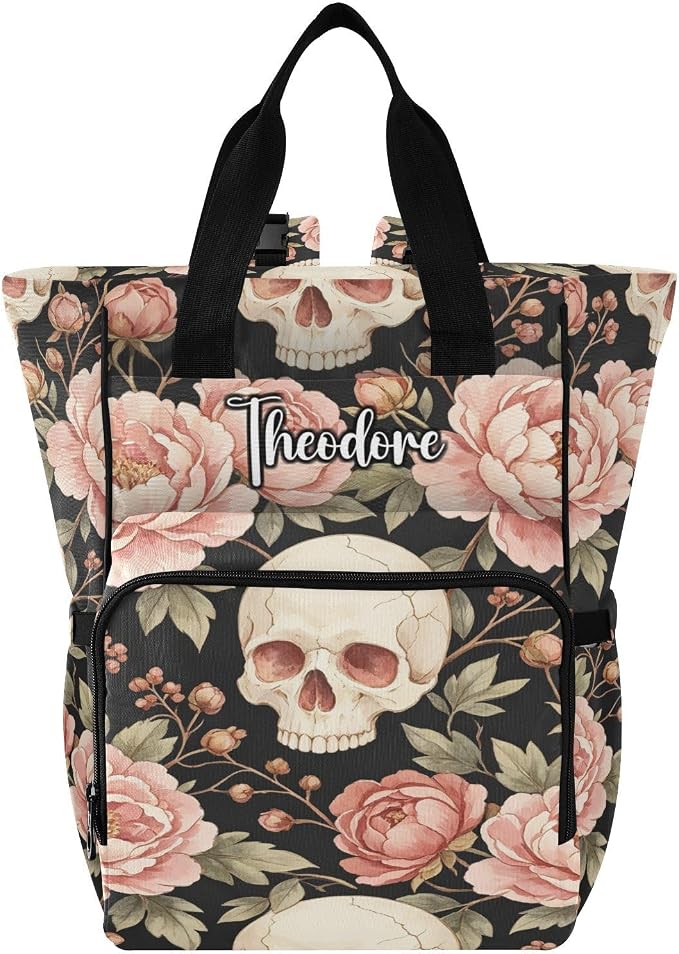 Custom Name Skull Pink Peonies Diaper Bag Insul Bottles Unisex Mom Dad