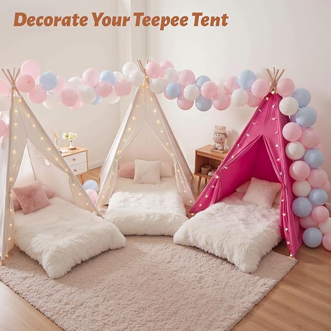 wilwolfer 4 Pack Kids Teepee Tent Bulk and Inflatable Airbed & Light, Natural Toddler Play Tent for Girls Boys Indoor Sleepover Slumber Party Birthday Gifts(White, Rose Red)