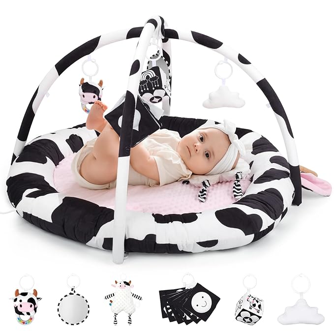 Pink Cow Baby Play Gym & Tummy Time Mat with 6 Sensory Toys - Extra Large Thick Soft Floor Play Mat for Newborn Infants 0-12 Months - Nursery Essential Gift