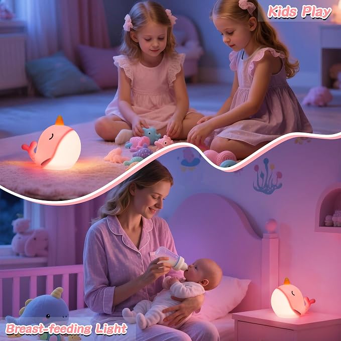 Whale Lamp, Narwhal Nursery Nightlight for Kids, Soft Silicone Animal Night Light with 3 Levels of Brightness & 30 Mins Timer, Whale Gifts for Girl Birthday Holiday Decoration
