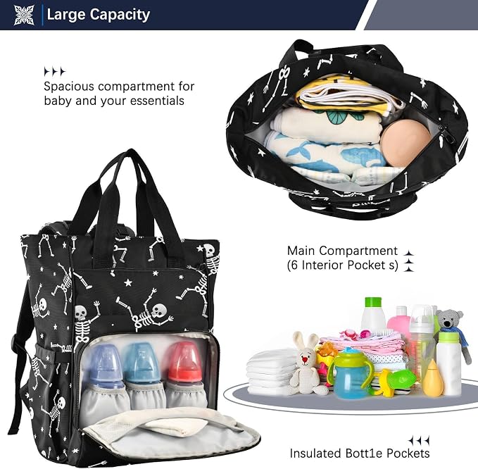 Dancing Skeleton White Diaper Bag Large Cap Unisex Mom Dad