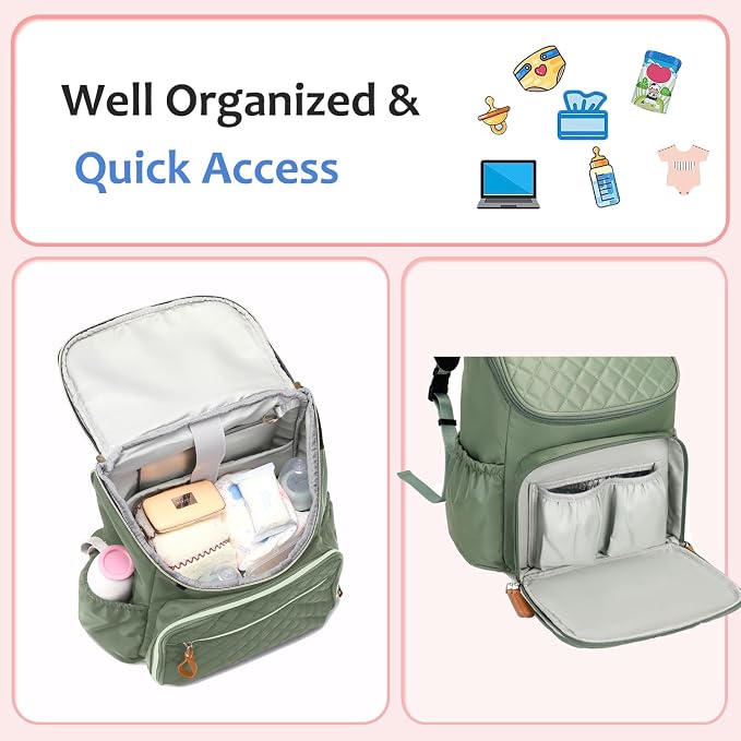 LORADI Lightweight Diaper Bag Backpack with Stroller Clips, Insulated Pockets, Baby Shower Essentials, Green
