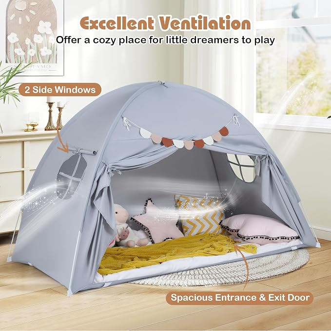HONEY JOY Bed Tent Twin for Kids, Foldable Play Tent Canopy w/Flags, Windows, Indoor Outdoor Playhouse Toddler Tent, 79” x 39” x 48”, Washable, Kids Tent for Boys Girls Aged 3+, Birthday (Gray)