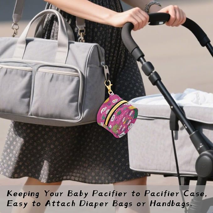 Pacifier Holder with Clip Pacifier Case for Diaper Bag Round Baby Pacifier Pouch Box Bag Portable Pink Skulls Green Cactus