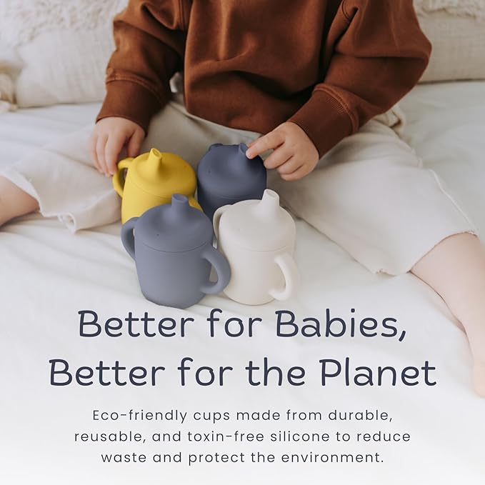 KIDSco. Silicone Sippy Cups (2 Pack) ??Soft Spout & Easy Grip Handles for Babies 6+ months, Plastic Free, Toxic Free Silicone, Leak-Resistant, Dishwasher Safe (Midnight Blue & Canary)