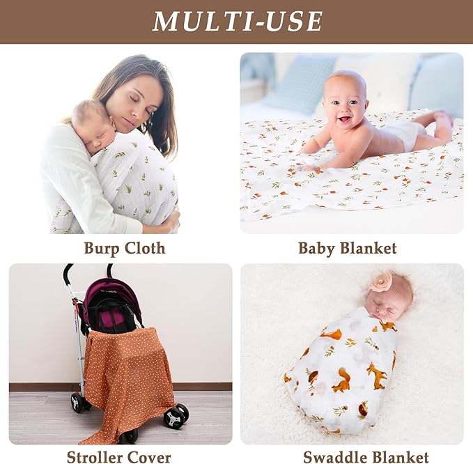 david's kids 4 Pack Baby Muslin Swaddle Blankets, 100% Cotton and Ultra Soft Breathable Receiving Blanket Wrap for Boys Girls, New Born Essentials, Large 47 x 47 inches, Forest Animals
