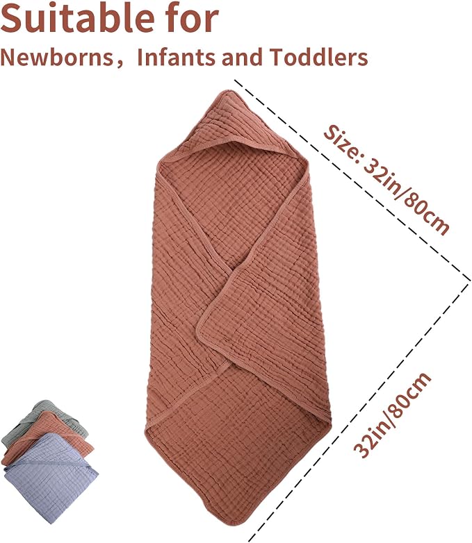 2 Pack 6-Layer Plain Muslin Baby Hooded Towels, 100% Pure Cotton, Zero Shrink, Ultra Soft Newborn Towels, 32x32 Inch Minimalist Neutral, Terracotta & Milan