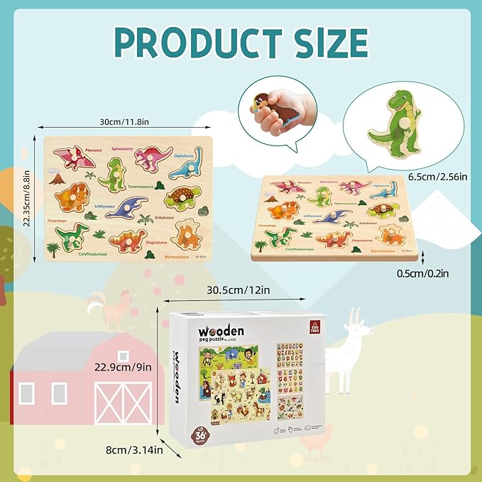 Wooden Peg Puzzle for Toddlers 2-4, 5 Pack Montessori Toys Learning Educational Puzzles for Kids Girls Boys 2 3 4 Yesrs Old with Dinosaurs Farm Animal Number