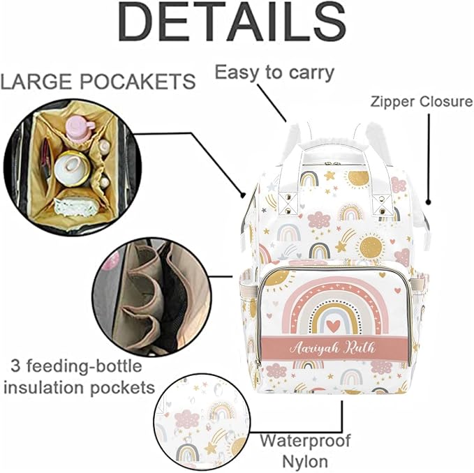 Custom Baby Diaper Bags with Name, Rainbow Personalized Diaper Bag Backpack Mommy Bag Diaper Nappy Bags Casual Daypack Travel Shoulder Bag for Mom Dad Multi Color