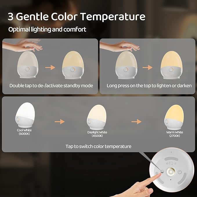 Touch Night Light for Baby Nursery: Rechargeable Portable Kids Egg Nightlight Lamp with Feeding Timer for Todder Room, 3 Colors Temperatures Dimmable,Up to 200H(BPA-Free)