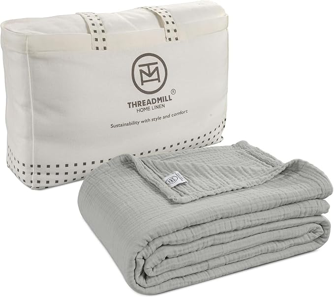 Threadmill Queen size blanket| 4 Layer Cotton Gauze Blankets | Pre Washed, Lightweight, Breathable, and Cozy for All Seasons | Versatile Muslin Blanket for Couch, Bed, or Outdoor Picnic Use|Light Grey
