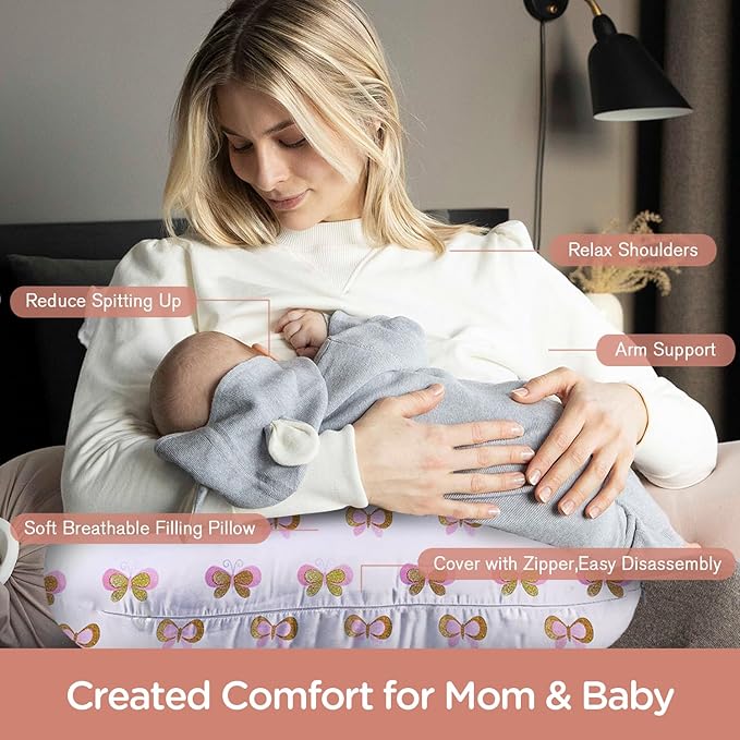 Little Grape Land Nursing Pillow, Breastfeeding Pillows for Mom with Removable Cover and Breathable Filling, Feeding Support Pillow for 0-16 Months, Multifunctional Support Cushion, Butterfly