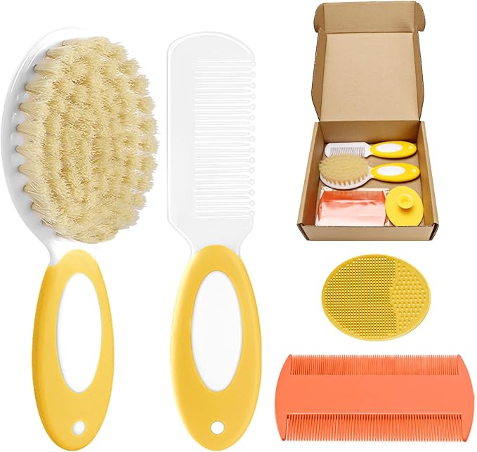 Baby Hair Brush and Comb Set, 4Pcs Baby Soft Bristles hairbrush Cradle Cap Brush Hair Comb for Newborns Toddlers Boys Girls (Yellow)