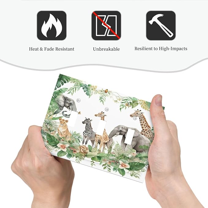 Tropical Leves Safari Animals Giraffe Elephant Zoo Decorative Switch Plates 3 Gang Wall Plate Triple Toggle Light Switch Cover Faceplate Electrical Wall Panels for Kids Room Nursery Decor