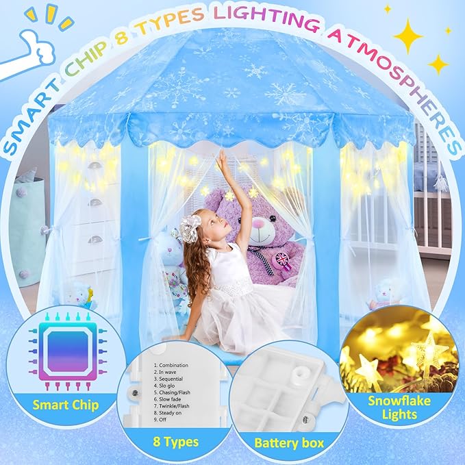 EVOIONOS Frozen Princess Tent for Girls, Kids Play Tent with Snowflake Lights, Castle Playhouse for Children Indoor Outdoor Games, 55 x 53 inches, Blue