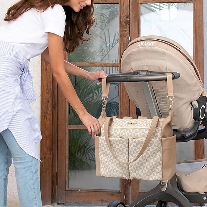 miss fong Checkered Diaper Bag Tote Leather Diaper Bag Backpack Pañaleras Para Bebe with 15 Pockets,Leather Diaper Tote with Diaper Changing Pad, Baby Bag for Moms Mommy Bag for Women -White Checkered