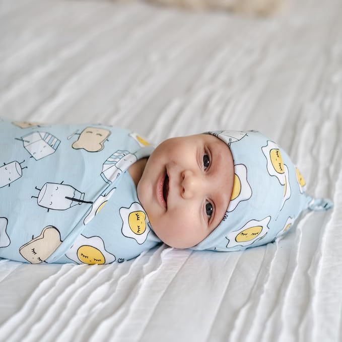Little Sleepies Swaddle & Hat Set, Baby Swaddles Newborns, Soft Viscose from Bamboo Swaddle Blanket Wrap (Blue Breakfast Buddies)