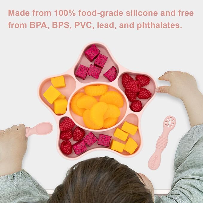 BabyX Silicone Feeding Set (3 PCs) Cove & Coast Series, Baby Plate with Suction Cup, Training Spoon and Fork, BLW Utensils for Toddler Kid, BPA-Free, Microwave/Dishwasher Safe - Pink Sea Star