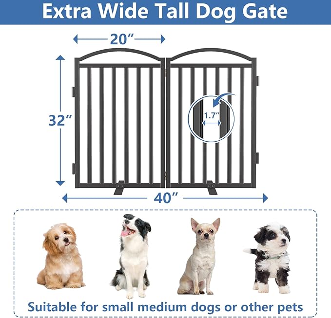 Malier Metal Freestanding Dog Gate, 32'' Height Outdoor Indoor Dog Fences, Extra Wide Foldable Puppy Gate for Stairs (Black, 【2 Panels】 40''W × 32''H)