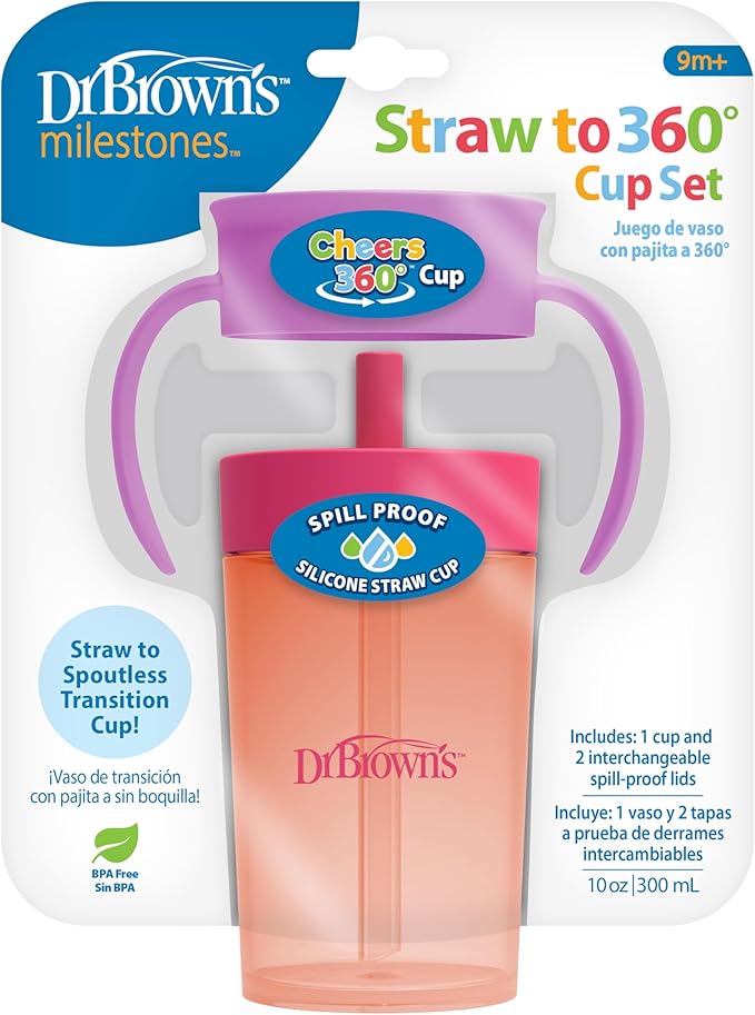 Dr. Brown's Milestones Straw to 360 Convertible Toddler Training Cup Set with Interchangeable Silicone Straw and 360 Degree Cup Lids, Pink Coral, 10 oz/300 mL, BPA-Free, 9m+, 2-Pack