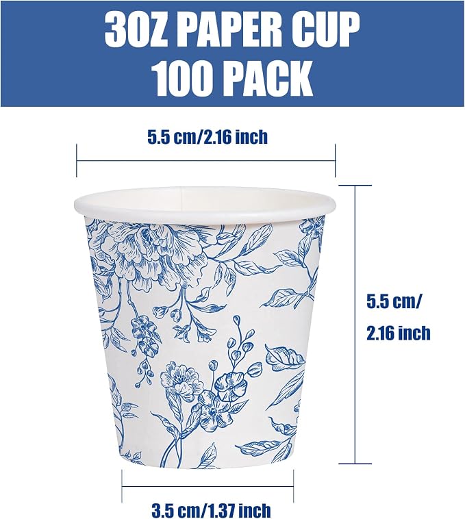 WRAPAHOLIC 3oz Paper Cups - 100 Pack Disposable Bathroom Cups with Toile Blue Floral Design, Small Mouthwash Cup for Toothbrush Rinse, Home Bathroom, Picnic, BBQ, Travel and Party