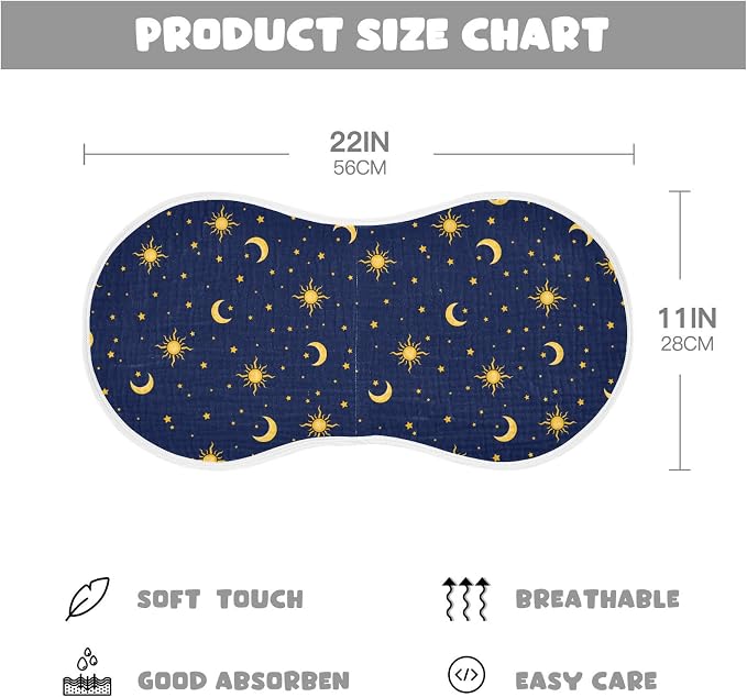 Muslin Baby Burp Cloths Set of 1, Soft Sun Moon Star Absorbent Muslin Washcloths, Bibs, Face Towel for Newborn Boys Girls, 22 x 11 Inch