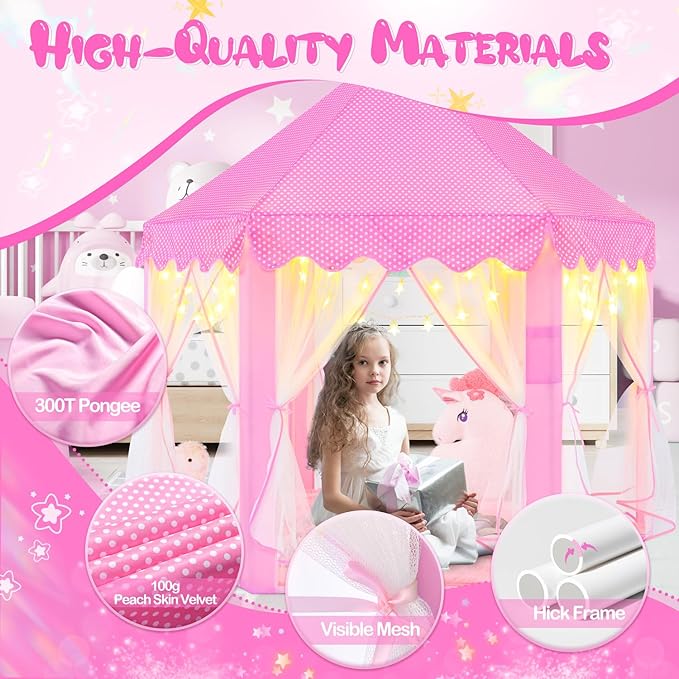 Princess Tent for Girls Age 4-7 with Star Lights, Kids Play Tent for Girls Indoor, Castle Playhouse Tent for Toddlers, Pink Princess Toy Tent 55x53 inch