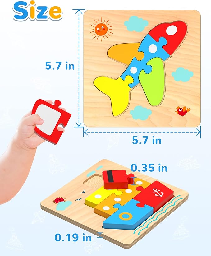 Yetonamr Wooden Toddler Puzzles Gifts Toys for Boys Girls, 4 Vehicle Shape Montessori Toy Educational Blocks Kids Toys Gift Baby Learning Toy
