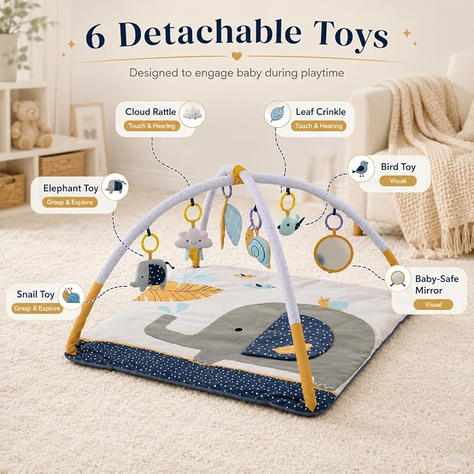 Baby Play Gym – Tummy Time Mat for Infants, Baby Activity Mat, Play Mat for Babies 0-18 Months, Infant Play Mat with Detachable Toys, Soft Velvet Play Mat, Sensory & Montessori Gym