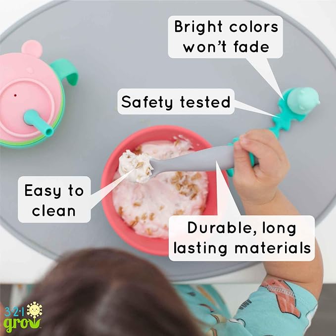 • Easy Learn Baby Spoon & Tether Set • Baby Spoon with Tether for Babies and Toddlers • Keeps Spoon Off Floor • Ages 6 mo+ • Dishwasher Safe (Bear, Plum)