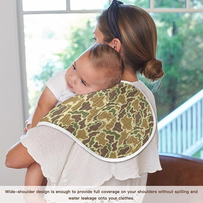 Baby Muslin Burp Cloths Set of 2 Vintage Camo Green Muslin Washcloths Camouflage Retro Brown Army Milk Spit Up Rags Soft Newborn Towel Burp Cloth Bib for Unisex Boys and Girls, 22 x 11 Inch