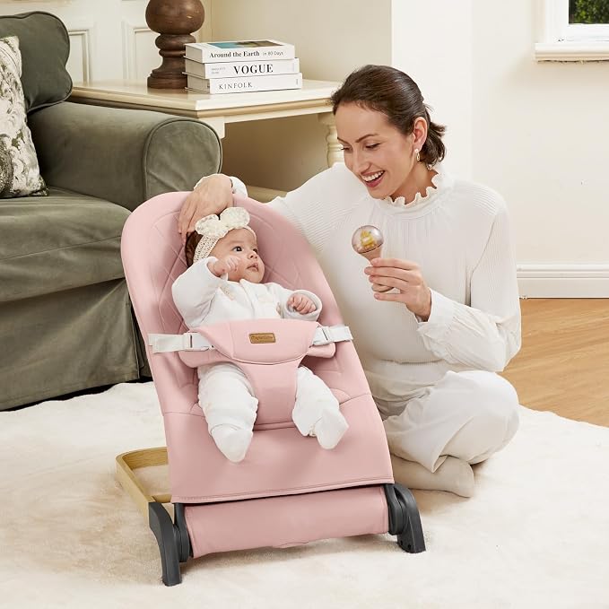 Foldable Baby Bouncer, Baby Seat with 3 Adjustable Heights, Portable Newborn Rocker, Ergonomic Bouncy Seat for Natural Bounce, Bouncer for Babies 0-6 Months, Soft Cotton (Pink)