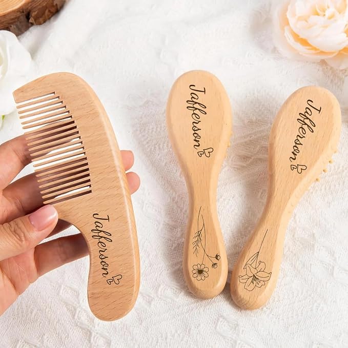 Personalized Baby Brush Set, Custom Wooden Baby Brushes For Newborns And Infants, Soft Bristles, Toddler Hair Care Kit, Cradle Cap Brush, Baby Shower Keepsake Gift For Girls And Boys
